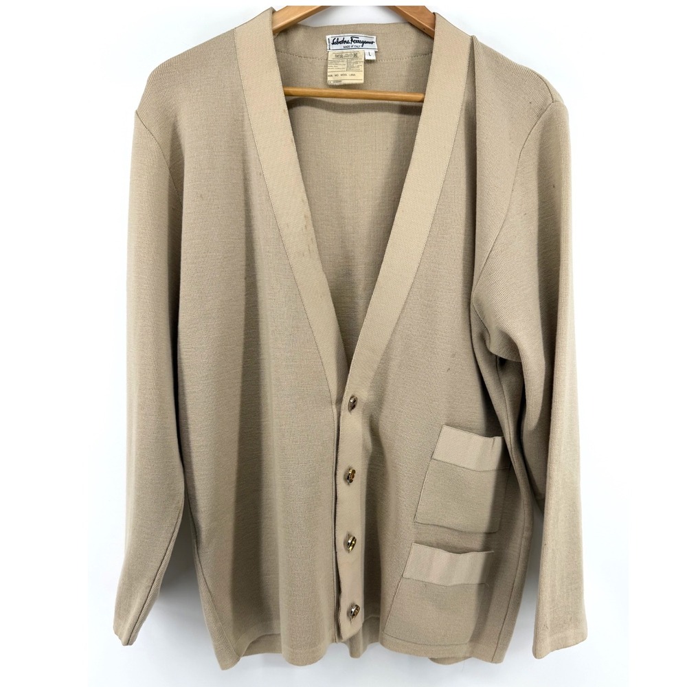 Salvatore Ferragamo Vintage Wool Cardigan Tan Beige Italy Size Large READ